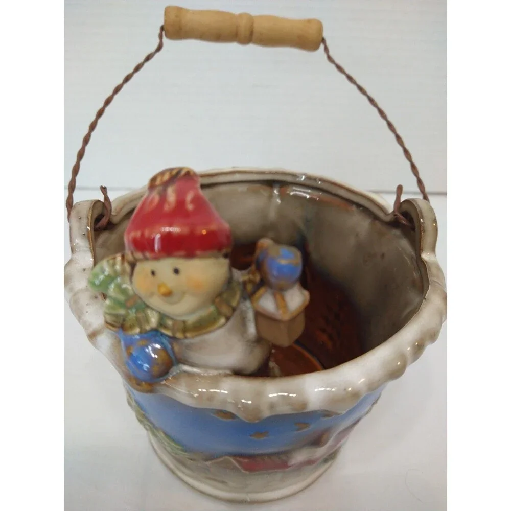 Small Snowman Ceramic Gift Bucket Wood Handle Winter Village Christmas Holiday